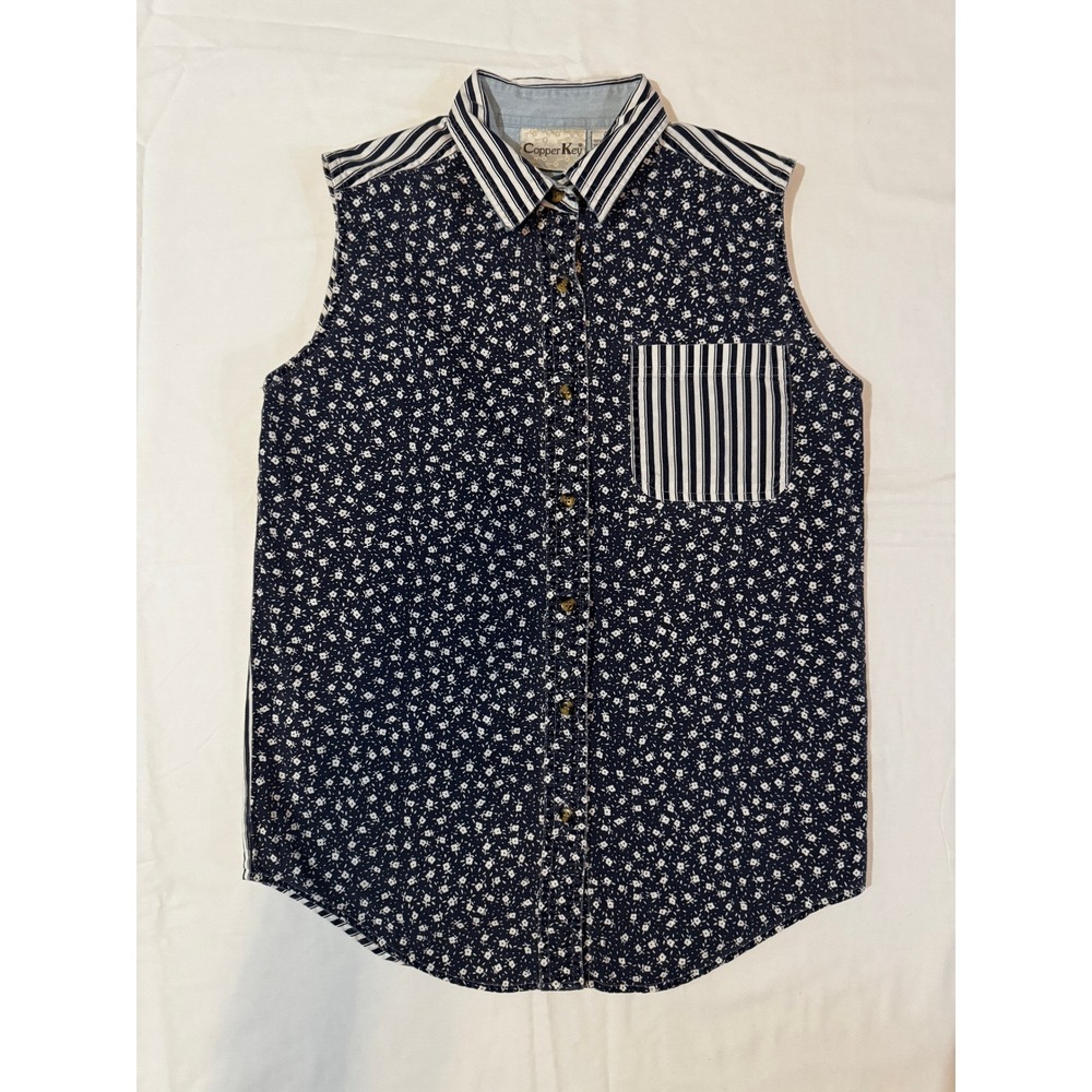 Copper Key Patchwork Floral Stripe Sleeveless Button Up Boho Cottagecore Top S